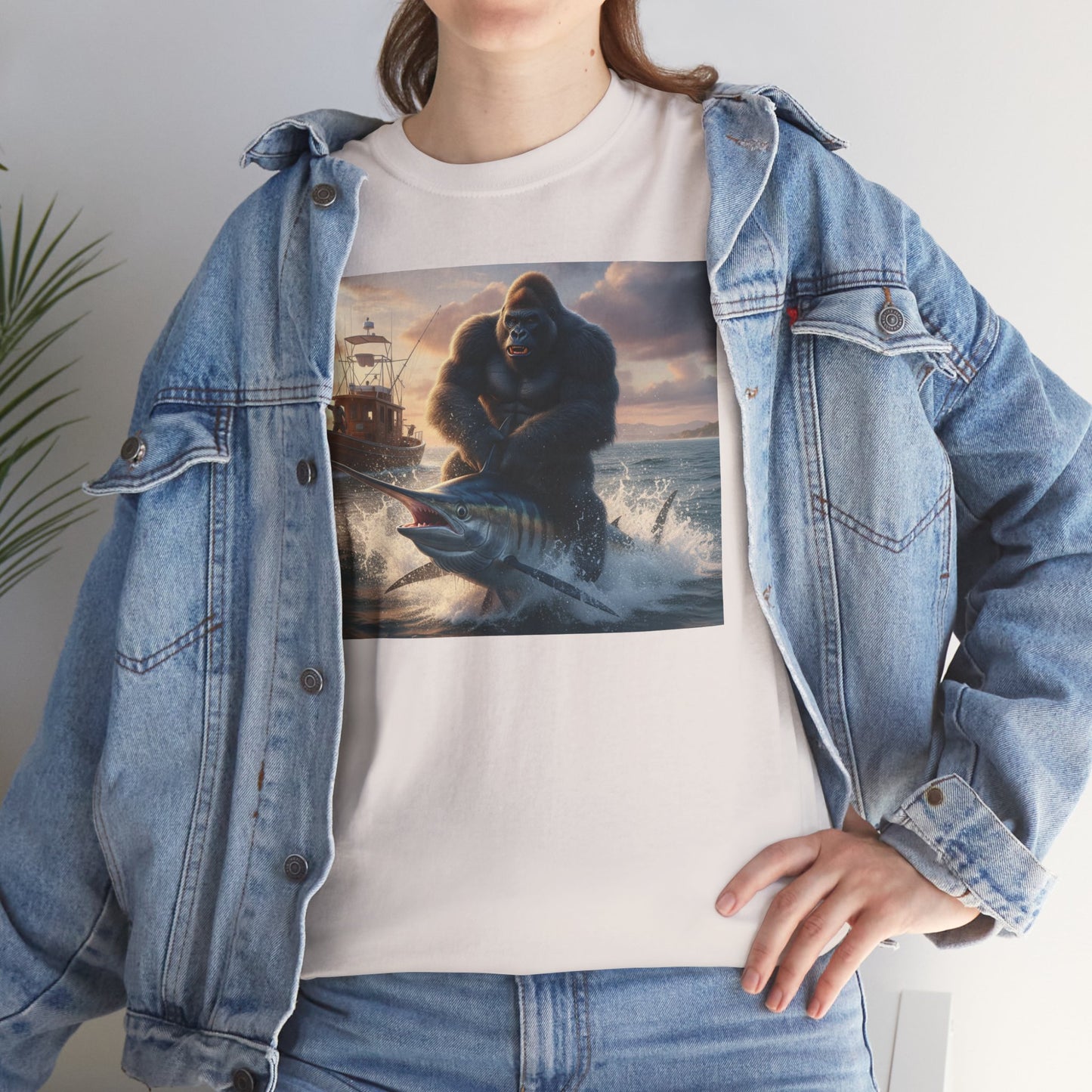Gorilla riding a swordfish in the ocean design T-Shirt