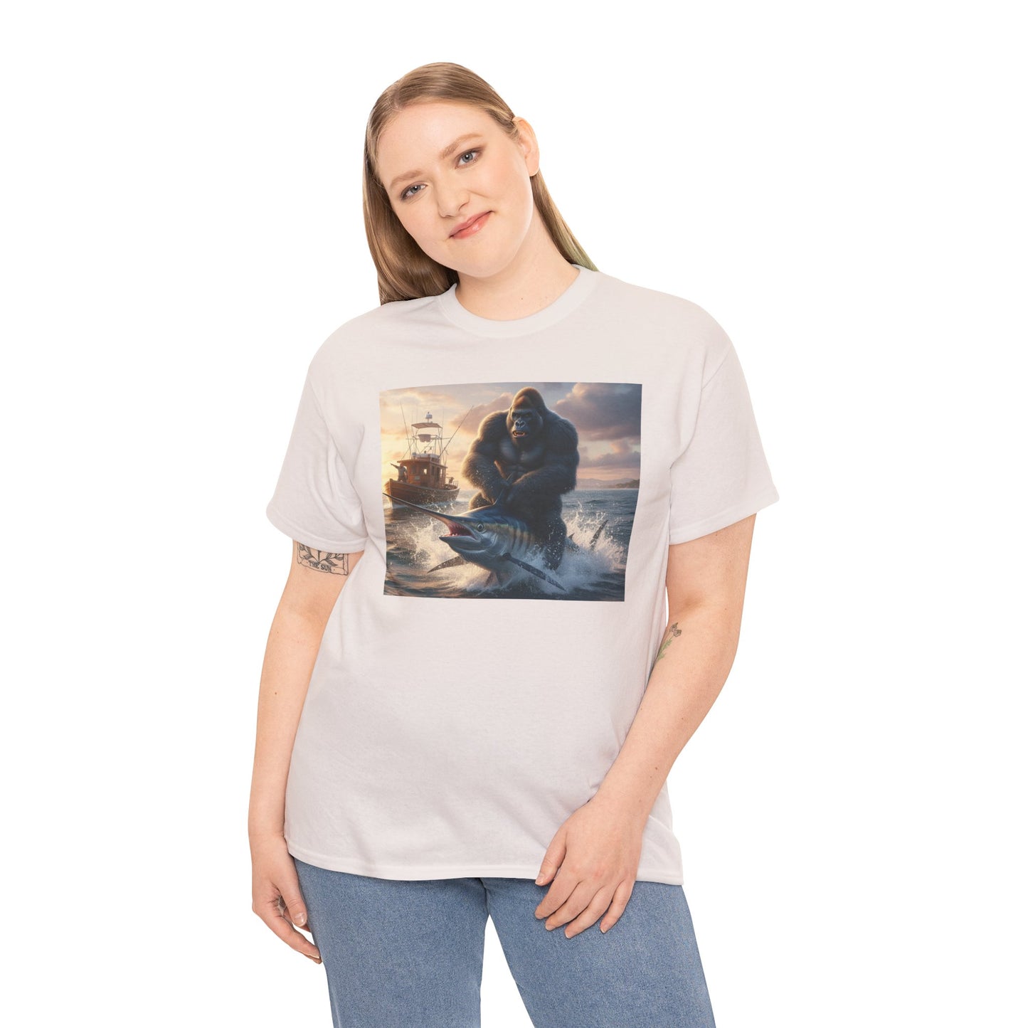 Gorilla riding a swordfish in the ocean design T-Shirt