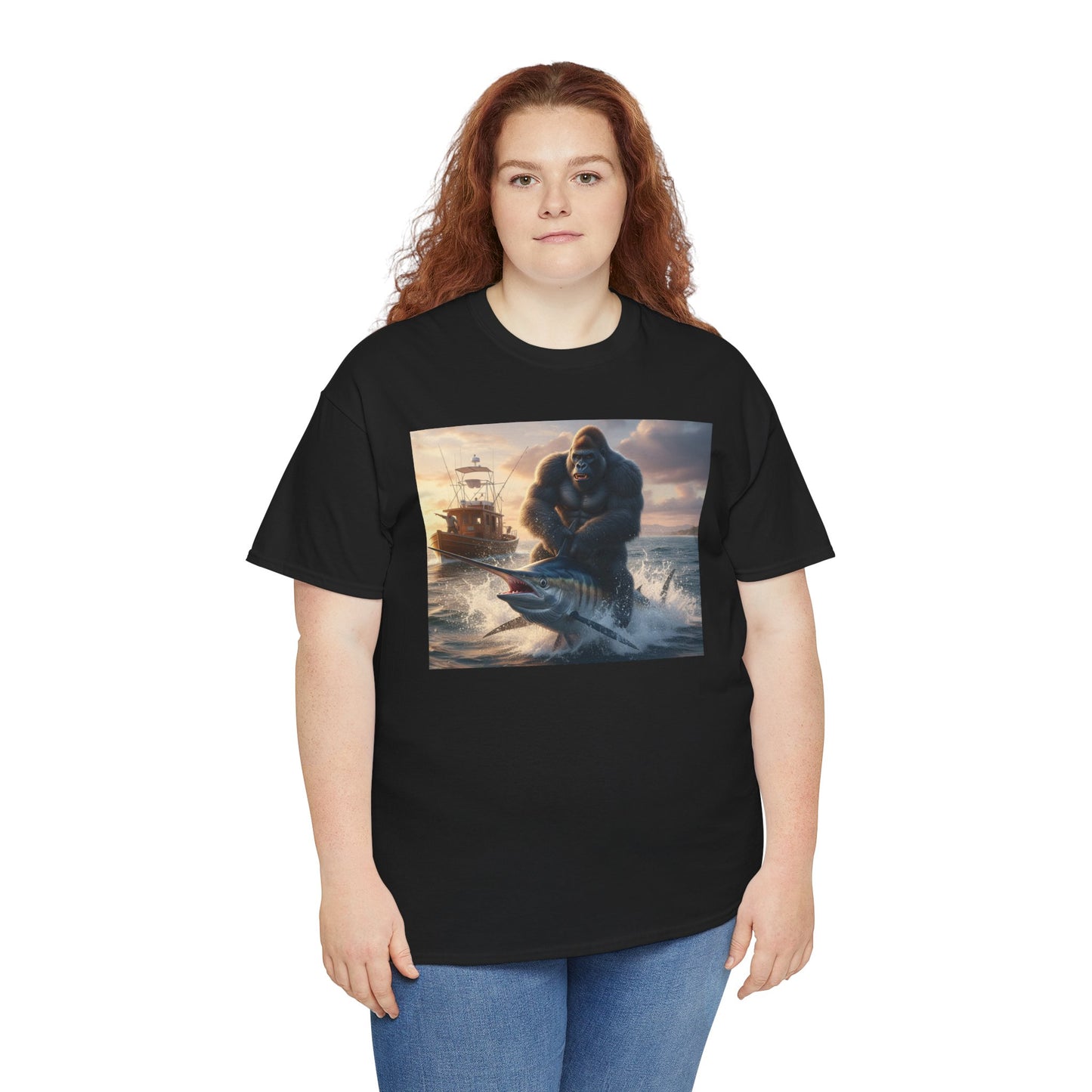Gorilla riding a swordfish in the ocean design T-Shirt