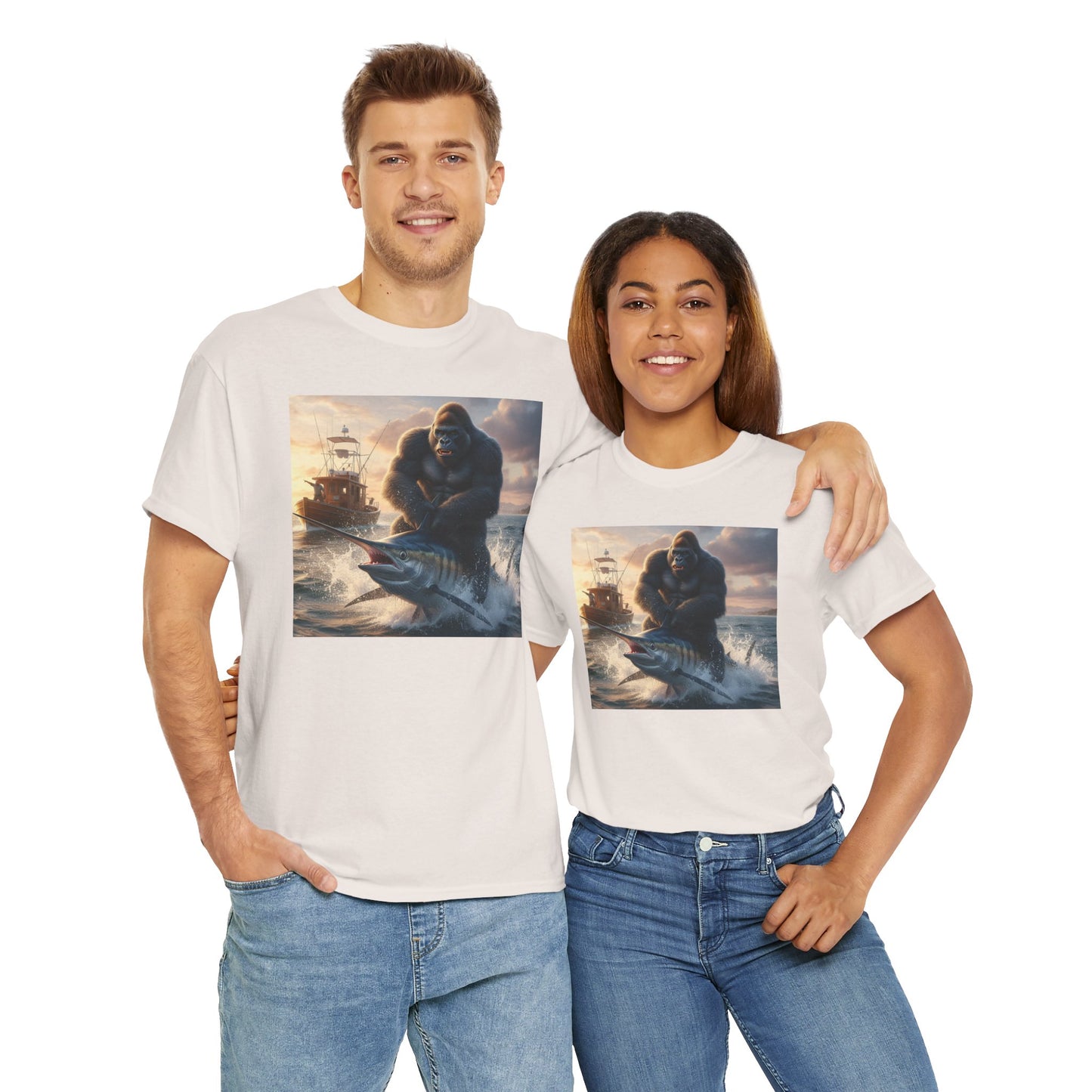 Gorilla riding a swordfish in the ocean design T-Shirt
