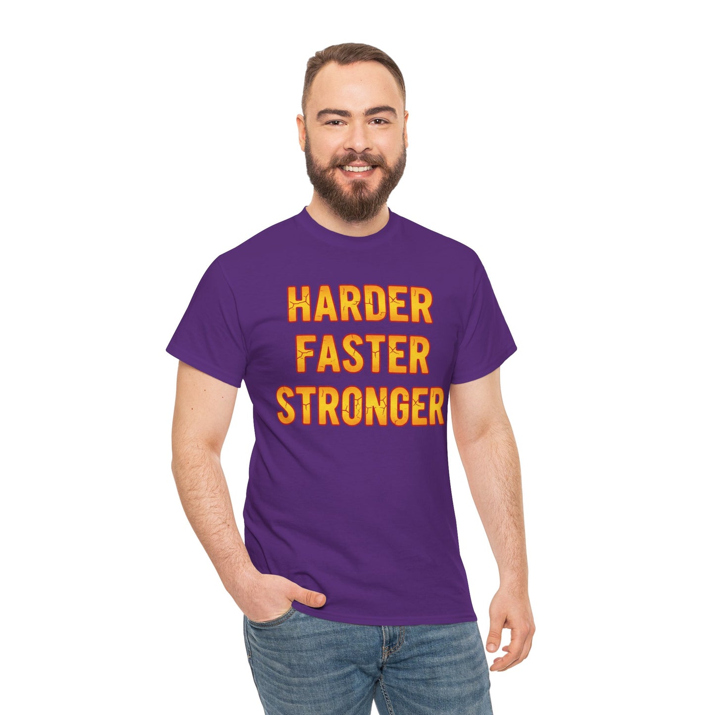 Harder Faster Stronger Tee | Motivational Workout Shirt, Bold Orange Text